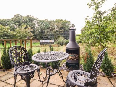 An outdoor patio with a metal table and two chairs a wood stove and trees at Chateau Petit in Trefeglwys