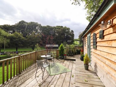 A wooden deck with two chairs a table potted plants and a wooden house in a green rural area at Chateau Petit in Trefeglwys