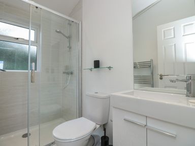 A bathroom with a shower enclosure toilet and sink at Buttercup Lodge in Norton near Dartmouth