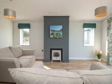 A living room with beige sofas a dark grey fireplace a white stove two windows and a flower pot at Honeysuckle Lodge in Norton near Dartmouth