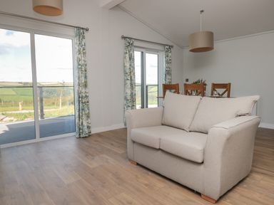 A beige sofa in a room with wooden floor and dining table near large windows with patterned curtains at Honeysuckle Lodge in Norton near Dartmouth