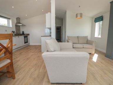 A living area with two beige sofas and a kitchen with wooden cabinets and stainless steel appliances at Honeysuckle Lodge in Norton near Dartmouth