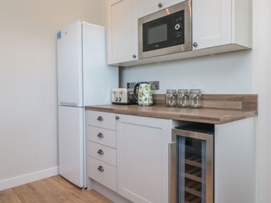 A kitchen with a refrigerator microwave oven toaster kettle and glass jars at Primrose Lodge in Norton near Dartmouth