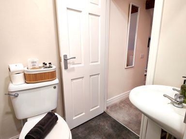 A bathroom with a toilet and sink next to a partially open door at Cranford House in Keswick