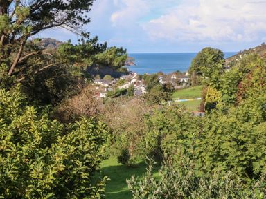 A view of a coastal village with houses trees and a grassy area with the sea in the background at Linden View in Combe Martin
