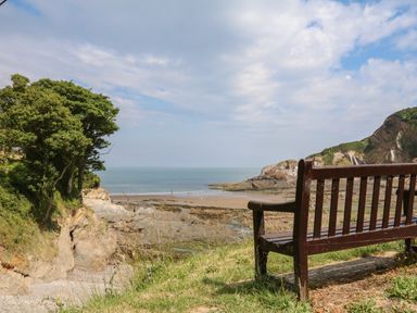 A wooden bench overlooking a rocky beach and sea with trees and cliffs at Linden View in Combe Martin