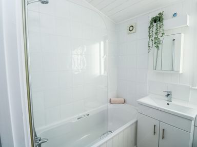 A bathroom with a bathtub shower and sink with cabinet and a plant on top at Serenity Sunset in Ilfracombe