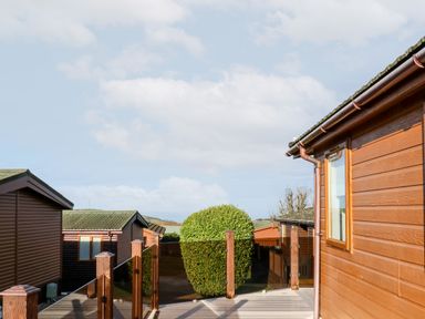 A view of wooden buildings with green roofs and a glass railing around a deck at Serenity Sunset in Ilfracombe