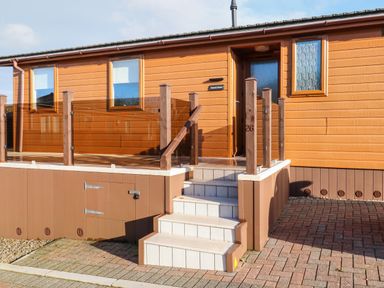 An exterior view of a wooden house with steps leading to a porch with glass panels at Serenity Sunset in Ilfracombe