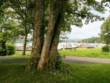 A park area with large trees and picnic benches near a marina with boats at Tranquil Waters in Lakeside 16 White Cross Bay near Windermere