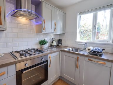 A kitchen with a gas stove oven sink kettle and a window at Tranquil Waters in Lakeside 16 White Cross Bay near Windermere