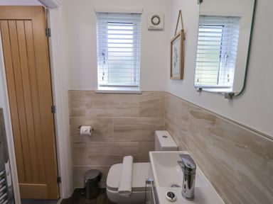 A small bathroom with a toilet a sink two windows and a wooden door at Tranquil Waters Lakeside 16 White Cross Bay near Windermere