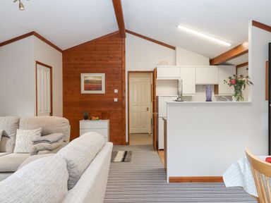 An open living room and kitchen area with beige sofas a striped carpet white kitchen cabinets and a wooden accent wall at Teign River Retreat in Drewsteignton near Moretonhampstead