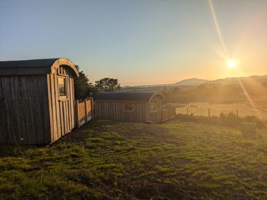 Two wooden shepherds huts on a grassy hill with a fence and trees during sunset at Hafan Gelli Sheperds Hut - Enlli in Pwllheli