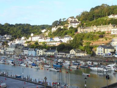 A harbor with boats on water and houses on a hillside at Little Trevallan in Looe