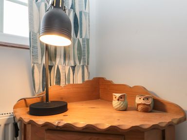 A wooden corner table with a black lamp and two ceramic owl figurines at Shell Seeker Cottage in Sewerby