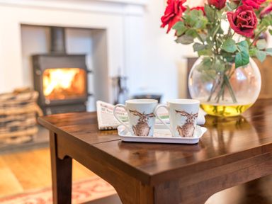 A wooden table with two cups, a newspaper, and a vase with red flowers in a room with a fireplace burning at Gate House in Coniston