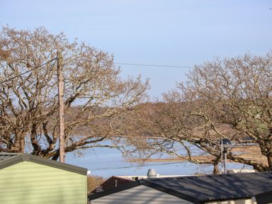 View of leafless trees power lines and rooftops with a body of water and hills in the background at 15 Rosewood in Great Thorness near Northwood Isle Of Wight