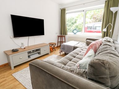 A living room with a gray sofa and pillows a wooden media console with a mounted flat screen TV green curtains on a window showing a red vehicle outside at Mermaid Cottage in Wakeham Portland