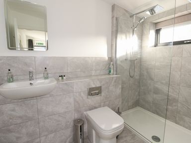 A bathroom with a wall-mounted sink a toilet a shower area with glass partition and a mirror at Osprey View Lodge & Hot Tub Aberfeldy