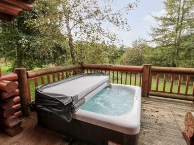 An outdoor hot tub on a wooden deck surrounded by trees at 10 Water's Edge in Morpeth near Felton