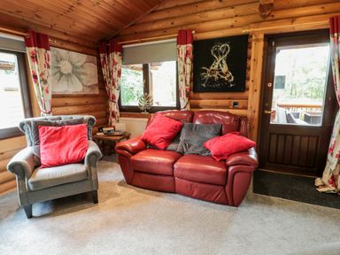 A living room with a red leather sofa and a gray armchair with red cushions at 10 Waters Edge Morpeth near Felton