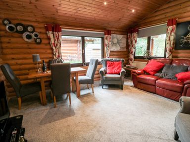 A living room with a wooden dining table and chairs a gray armchair and a red leather sofa with red cushions in a log cabin at 10 Water's Edge Morpeth near Felton