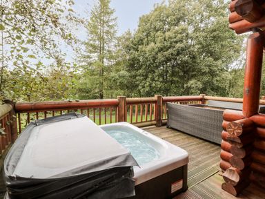 A wooden deck with a hot tub and outdoor seating surrounded by trees at 10 Water's Edge Morpeth near Felton