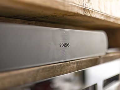 A close up of a Sonos speaker on a wooden shelf at The Tri-Pod in Pantcefn near Llanarth