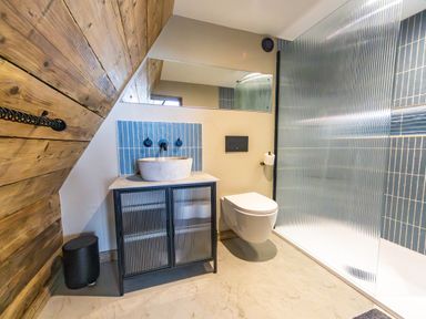 A bathroom with a wooden slanted wall a sink with a mirror a wall-mounted toilet and a shower with a glass partition at The Tri-Pod in Pantcefn near Llanarth