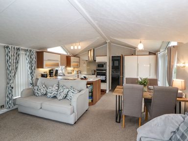 An open plan living room with a sofa, kitchen area with appliances, and dining table with chairs at No.7 Skiddaw View Moota near Aspatria