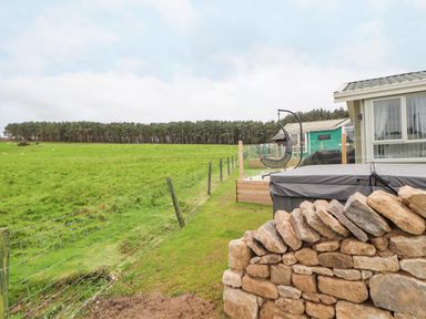A grassy field with a wire fence and a stone wall next to a house with hanging chairs at No.7 Skiddaw View in Moota near Aspatria