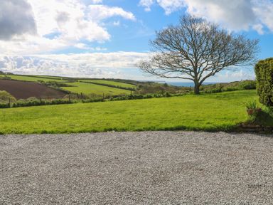 A gravel area leading to a grassy lawn with a leafless tree and rolling fields in the background at The Granary in Prussia Cove near Rosudgeon