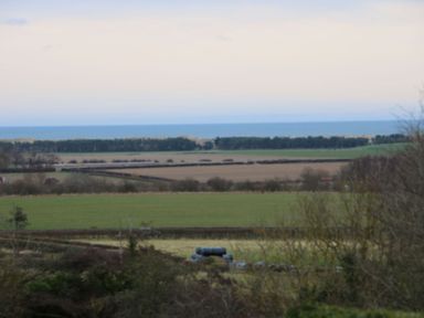 A countryside landscape with green fields trees and a distant view of the sea at Kits Cottage in Middleton near Belford