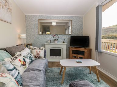 A living room with a sofa with animal print cushions a white coffee table a rug a flat screen tv on a wooden cabinet and a decorative fireplace at Y Goedlan in Tywyn