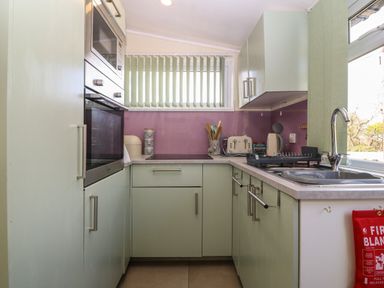 A kitchen with green cabinets a microwave oven a toaster a kettle a sink and a fire blanket at Y Goedlan in Tywyn