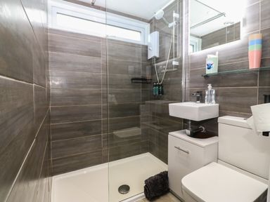 A bathroom with a shower area a sink a toilet and a mirror with toiletries at Y Goedlan in Tywyn