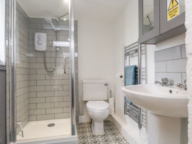 A bathroom with a shower, toilet, sink, towel rail, and mirrored cabinet at Quarry Cottage in Bethesda