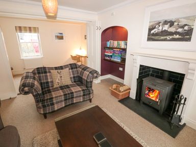 A living room with a plaid sofa a coffee table a wood burning stove and a bookshelf with games at The Old Boathouse in Trefin near St Davids
