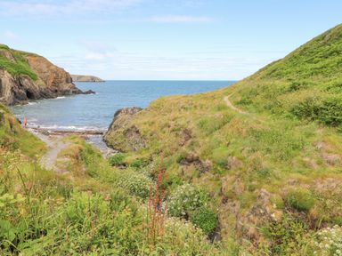 A coastal landscape with grassy hills and a narrow path leading to a rocky shore by the sea at The Old Boathouse in Trefin near St Davids