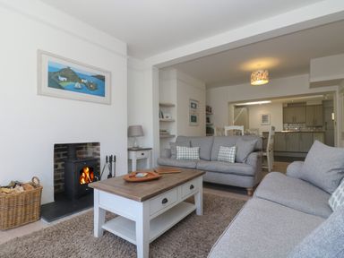 A living room with two grey sofas a wooden coffee table and a wood burning stove at 21 Passage Street formerly Panacea in Fowey