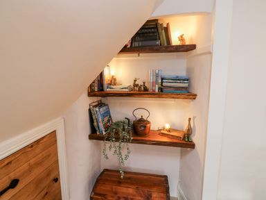 Wooden shelves with books plants decorative items and small lights in a corner under a sloped ceiling at Pilchard Cottage in Dawlish