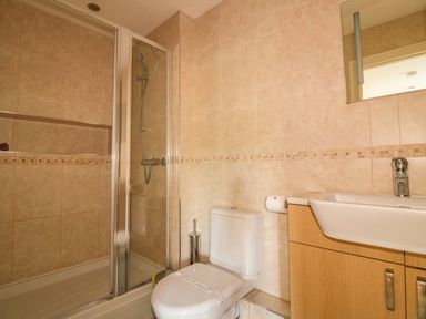 A bathroom with a shower enclosure a toilet and a sink with cabinet at Lower Mellan Barn Coverack