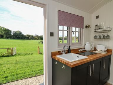 A kitchen with a sink wooden countertop kettle toaster and cups hanging on hooks at Dragonfly Shepherd's Hut Oakford near Aberaeron