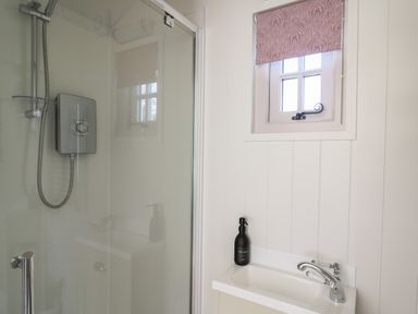 A bathroom with a glass shower enclosure a small sink a faucet a bottle of hand soap and a window with a pink blind at Dragonfly Shepherds Hut Oakford near Aberaeron