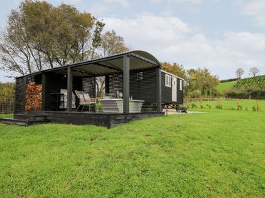 A black wooden hut with an open covered porch containing chairs and a metal bathtub surrounded by green grass and trees at Dragonfly Shepherd's Hut Oakford near Aberaeron