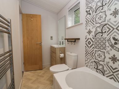 A bathroom with a bathtub a toilet a sink with mirror a wooden door and patterned wall tiles at The Bothy in Keswick