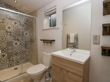 A bathroom with a toilet a sink with cabinet a mirror a shower with patterned tiles and a window at The Bothy in Keswick
