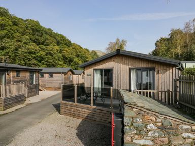 A group of wooden cabins with glass balconies and outdoor tables on a paved path with trees in the background at The Bothy in Keswick