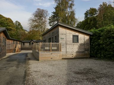 A wooden cabin with a deck and gravel driveway surrounded by trees at The Bothy in Keswick
